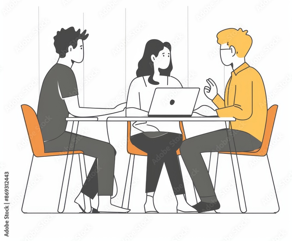 Partners meeting at a round table, discussing work, partnerships, with documents and laptop on the desk. Flat modern illustration isolated on white. Partners meeting at a round table, discussing work, partnerships, with documents and laptop on the desk. Flat modern illustration isolated on white.