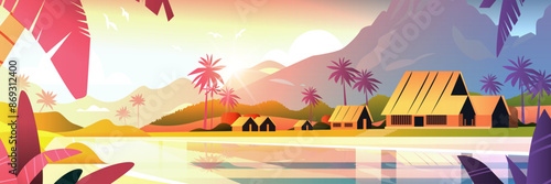 Tropical beach huts sunset palm trees mountains scenic landscape travel concept website banner
