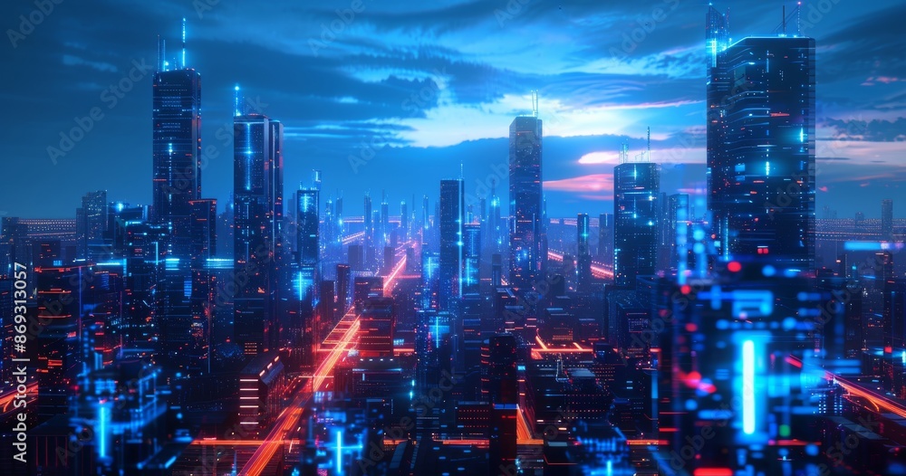 Surreal alien city concept. Metal block fantastic street house lit by blue neon glow. 3D rendering. Surreal alien city concept. Metal block fantastic street house lit by blue neon glow. 3D rendering.