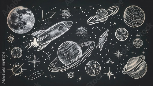 Fototapeta Naklejka Na Ścianę i Meble -  Abstract blackboard showcasing artistic doodles of space exploration and astronomy, emphasizing science education.