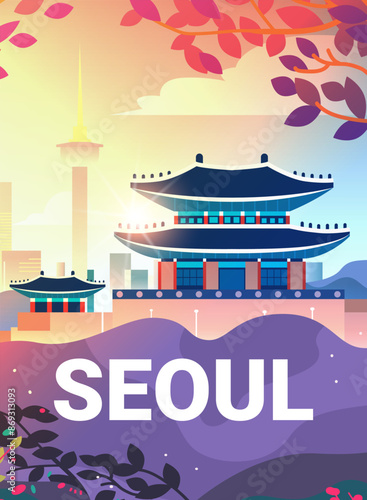Seoul travel illustration traditional buildings colorful skyline modern cityscape vibrant foliage design elements tourism concept