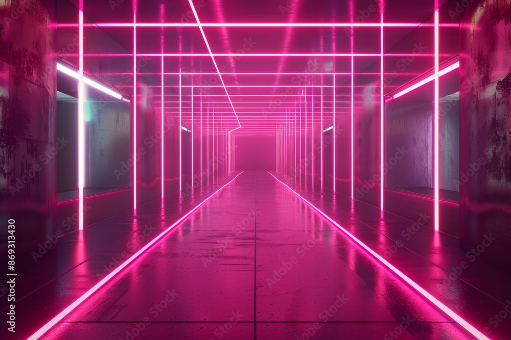 Detailed rendering of a futuristic corridor illuminated by blue and purple neon lights Detailed rendering of a futuristic corridor illuminated by blue and purple neon lights