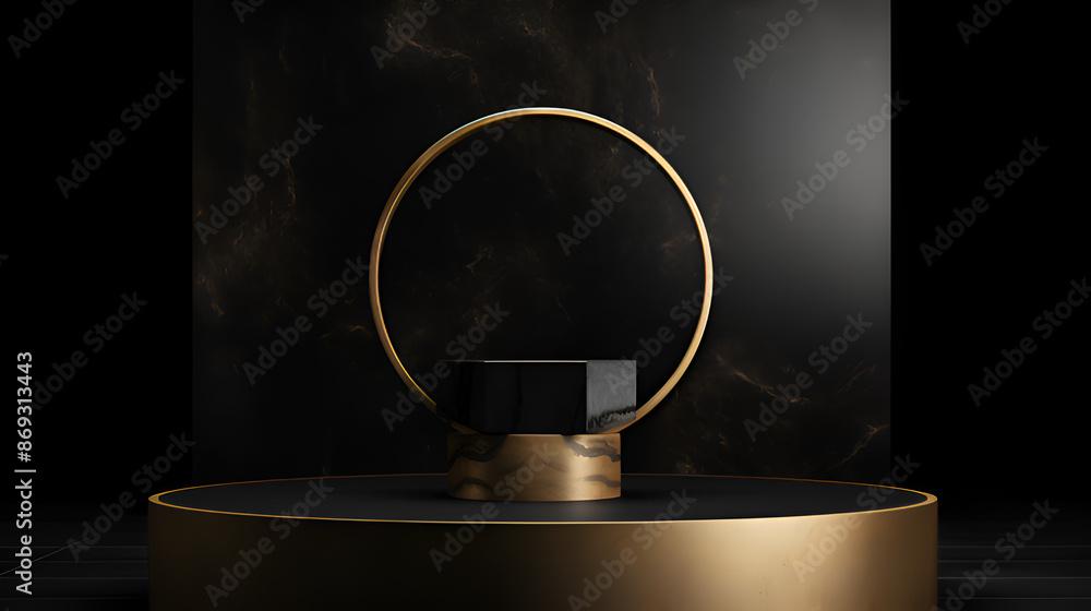 A podium and a golden circle sit on a dark backdrop for design projects, Generative Ai A podium and a golden circle sit on a dark backdrop for design projects, Generative Ai