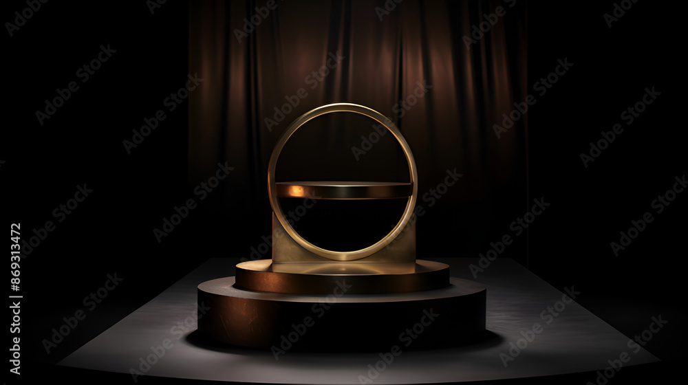 A podium and a golden circle sit on a dark backdrop for design projects, Generative Ai A podium and a golden circle sit on a dark backdrop for design projects, Generative Ai