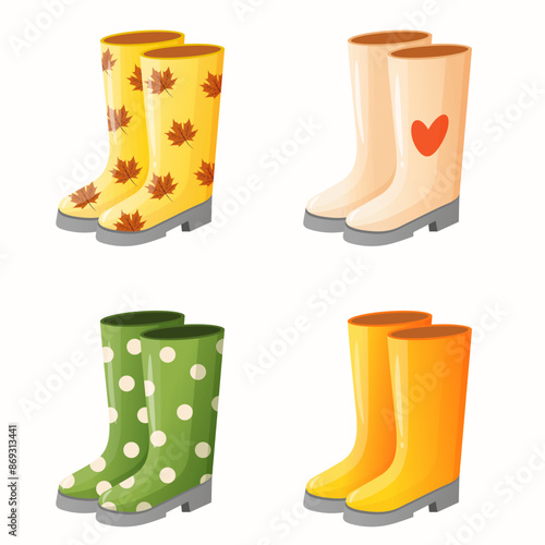 vector сartoon collection of rain rubber boots. cute autumn gumboots with leaves, polka dots with heart
