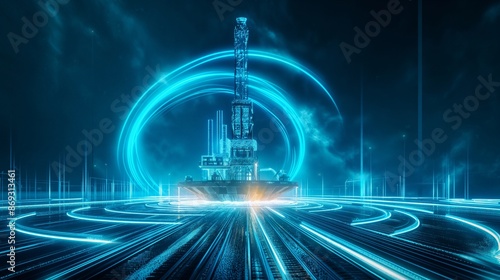 A digital oil rig stands illuminated by neon blue lights, surrounded by swirling energy patterns against a dark, cloudy sky.