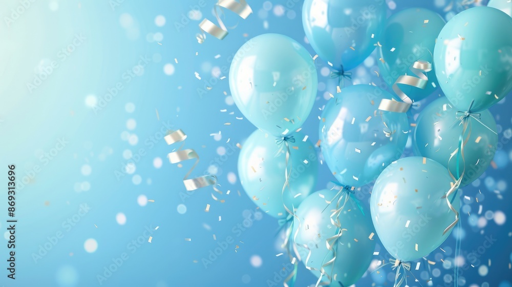 Happy birthday background with blue balloons and confetti on a sky blue background. Festive banner Happy birthday background with blue balloons and confetti on a sky blue background. Festive banner