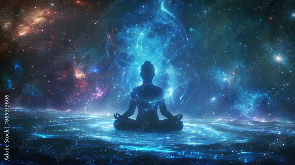 Fototapeta premium Meditation in a serene, blue, cosmic expanse