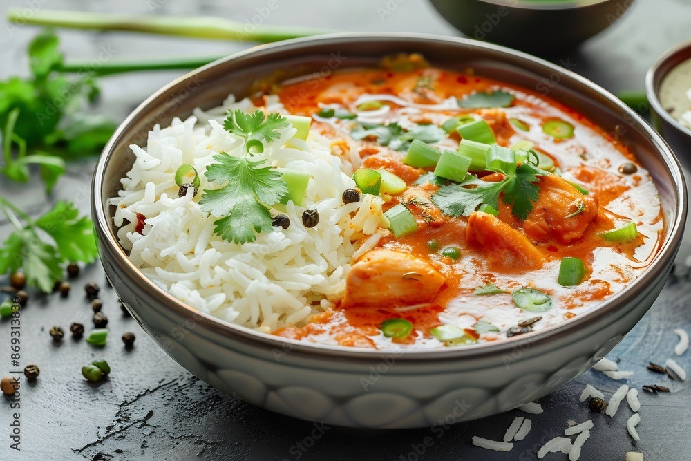 Creamy Chicken Curry with Rice and Cilantro in Bowl Creamy Chicken Curry with Rice and Cilantro in Bowl