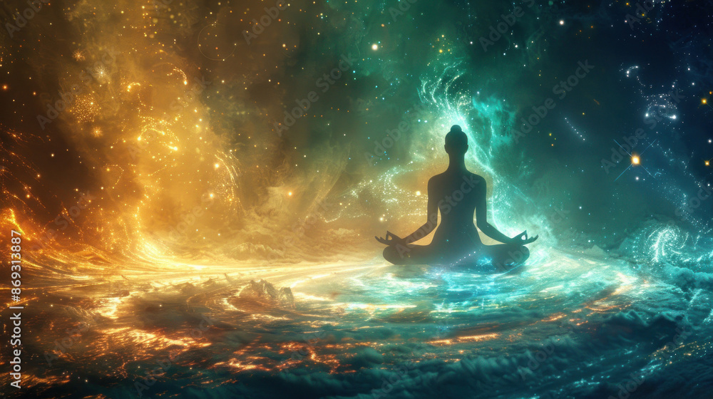 Meditative silhouette in vibrant cosmic background art Meditative silhouette in vibrant cosmic background art