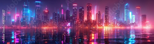 A vibrant, futuristic city skyline at night with neon lights reflecting on the water. Perfect for themes of technology and urban development.
