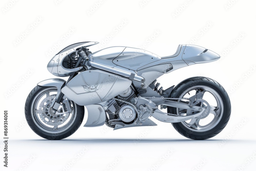 An illustration of a futuristic cyberpunk style silver motorcycle with a white background in a side view. An illustration of a futuristic cyberpunk style silver motorcycle with a white background in a side view.