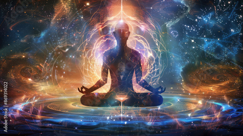 Enlightened meditation amidst swirling energies.