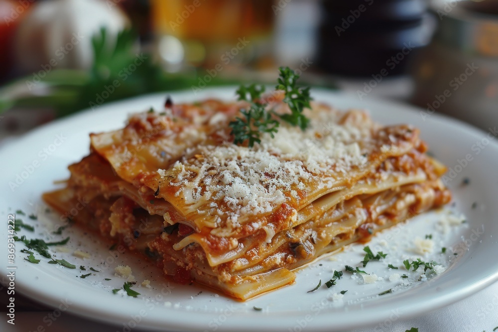 A plate of lasagna with parsley on top A plate of lasagna with parsley on top
