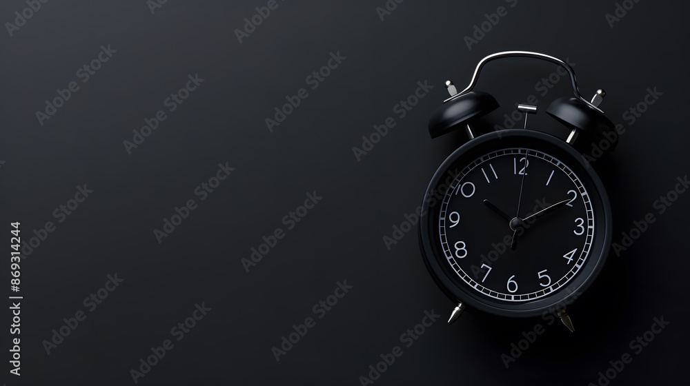 Black Friday shopping concept. Top view photo of black alarm clock on isolated black background with copy space design Black Friday shopping concept. Top view photo of black alarm clock on isolated black background with copy space design