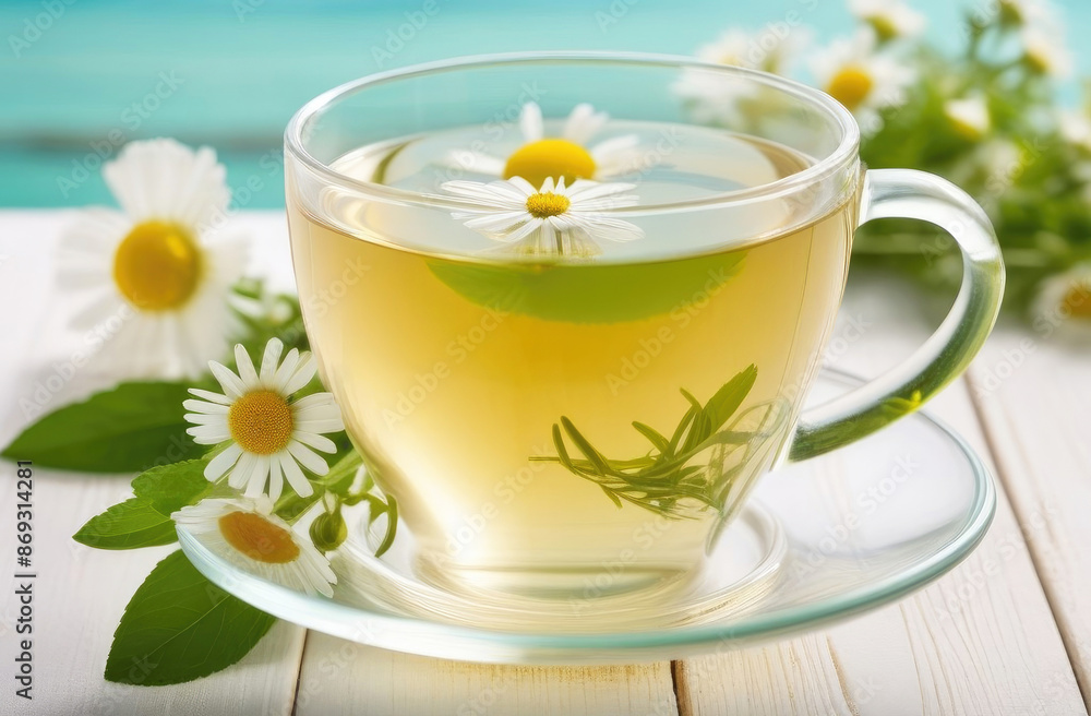 Chamomile herbal summer tea on white wooden table in kitchen. Healthy healing drink Chamomile herbal summer tea on white wooden table in kitchen. Healthy healing drink