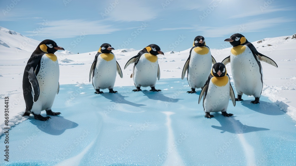 Obraz premium Cheerful penguins sliding down an icy blue slope with messaging space