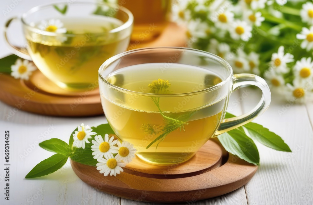 Chamomile herbal summer tea on white wooden table in kitchen. Healthy healing drink Chamomile herbal summer tea on white wooden table in kitchen. Healthy healing drink