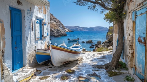 Fishermen in Goupa village on Kimolos Island in Greece store their boats in houses.
