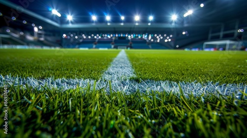 close up of grass with white line on football field stadium at night wide angle ground level perspective blurred fans lights background bright even lighting details green grass white lines
