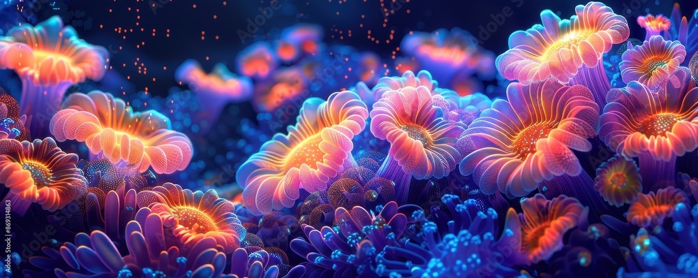 Vibrant coral reefs underwater, glowing and luminescent in a mesmerizing display of marine beauty with colorful soft coral formations. Vibrant coral reefs underwater, glowing and luminescent in a mesmerizing display of marine beauty with colorful soft coral formations.