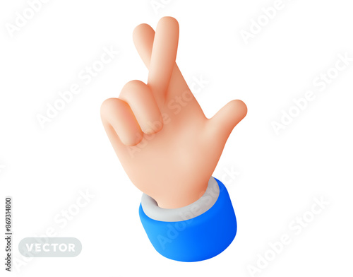 Vector illustration of cross finger for good luck hand gesture on white color background. 3d style design of man white skin hand in sleeve cross finger