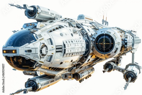 A 3D rendering of an old sci-fi spacecraft isolated on a transparent background.