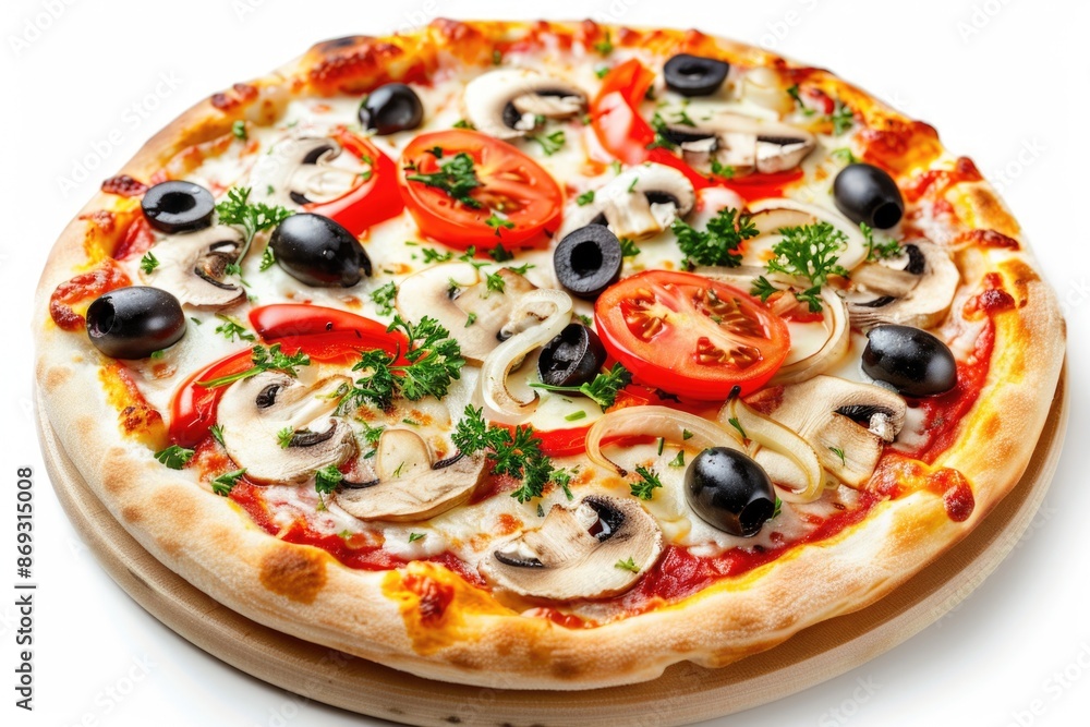 A delicious pizza topped with mushrooms, tomatoes, and olives A delicious pizza topped with mushrooms, tomatoes, and olives