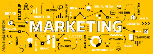 Vector creative illustration of marketing word typography with word cloud on yellow background. Marketing infographic concept with line icon. Line art style design