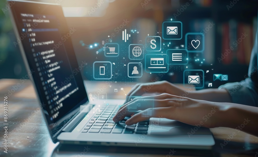 Hands Typing on Laptop with Holographic Social Media Icons Hands Typing on Laptop with Holographic Social Media Icons