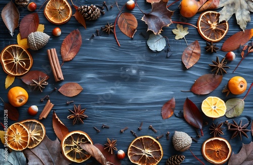 Dried Orange Slices, Autumn Leaves, Blue Wood Background