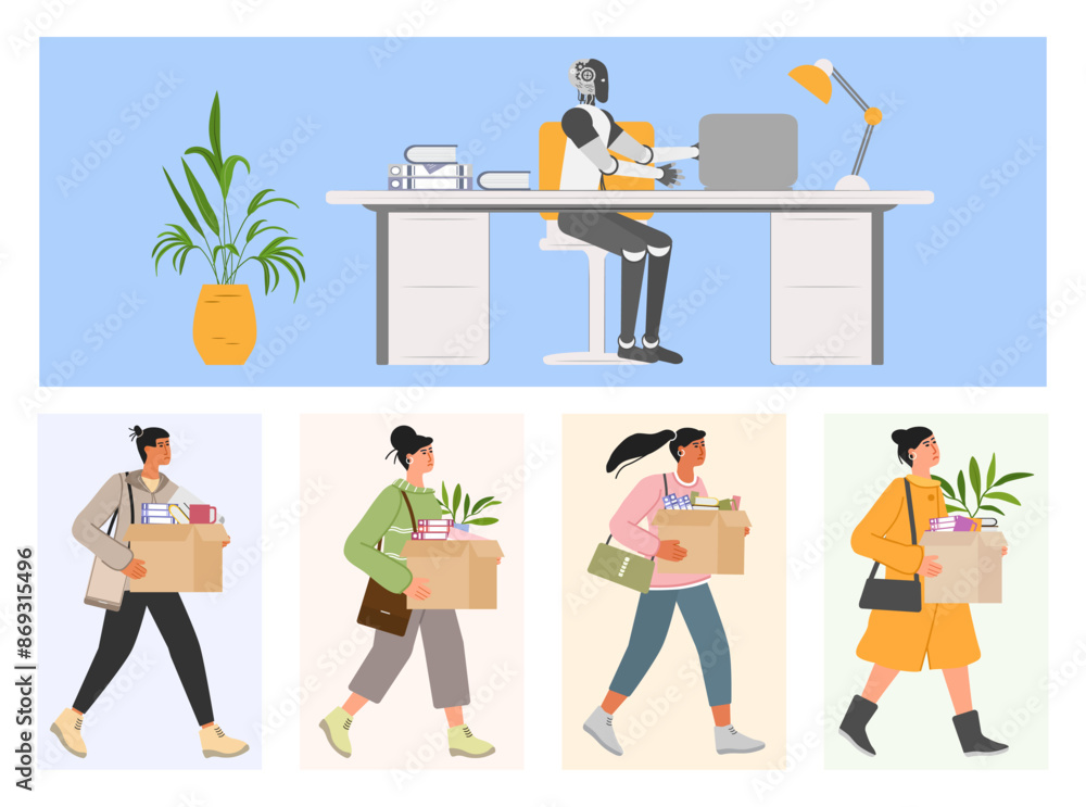 Obraz premium AI Robot People Unemployment Job loss Work problem