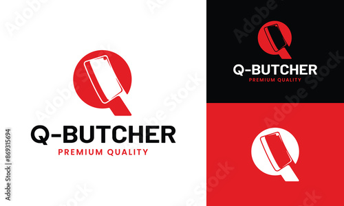 Letter Initial Q Butcher with Cleaver Meat Knife Logo Design Template. Suitable for Butchers Butchery Deli Meat Shop Chef Cattle Livestock in Vintage Hipster Retro Style Logo Design Template.