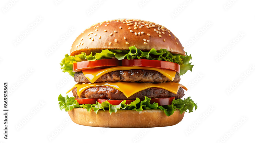 A delicious cheeseburger with sesame seeds on a bun, lettuce, tomato A delicious cheeseburger with sesame seeds on a bun, lettuce, tomato
