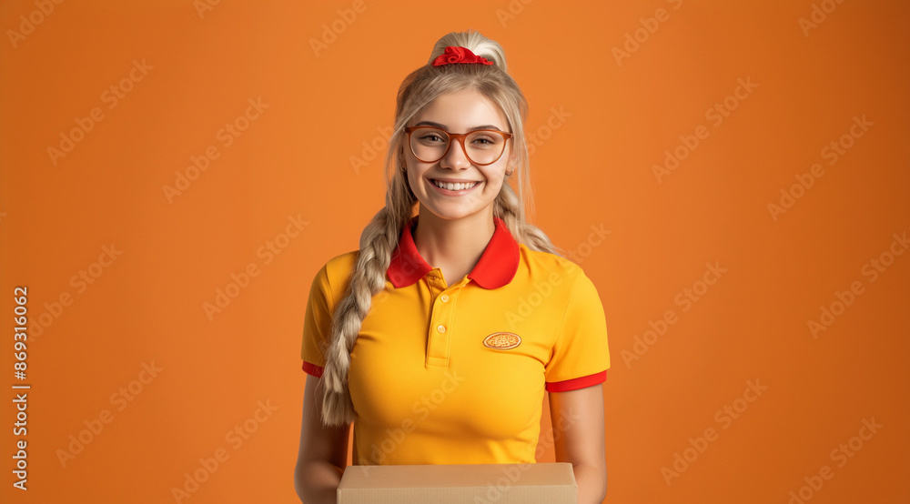 Young pizza delivery girl on orange background. Young woman with uniform and box in hand. Smiling, job, shipments, post, online purchases, home delivery. Girl with glasses and long blonde braids. Young pizza delivery girl on orange background. Young woman with uniform and box in hand. Smiling, job, shipments, post, online purchases, home delivery. Girl with glasses and long blonde braids.