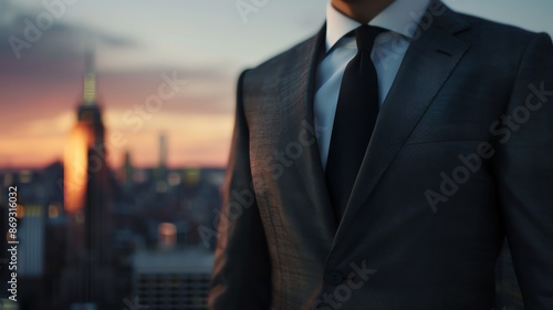 Closeup half body dark gray male suit, slim fit design, showcasing a sleek and modern business style against a blurred cityscape background photo