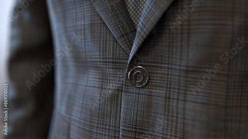 Closeup half body dark gray male suit, buttoned up neatly with a subtle checked pattern, perfect for business meetings