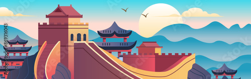 Great Wall of China travel destination colorful landscape with traditional Chinese architecture mountains and birds in the sky modern flat design