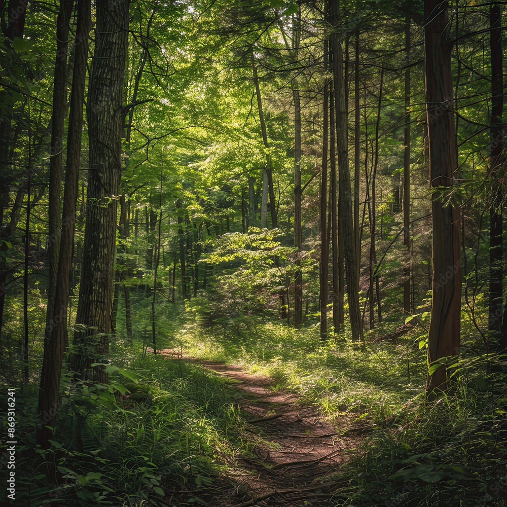Mystical Forest Path with Sunlit Leaves Mystical Forest Path with Sunlit Leaves