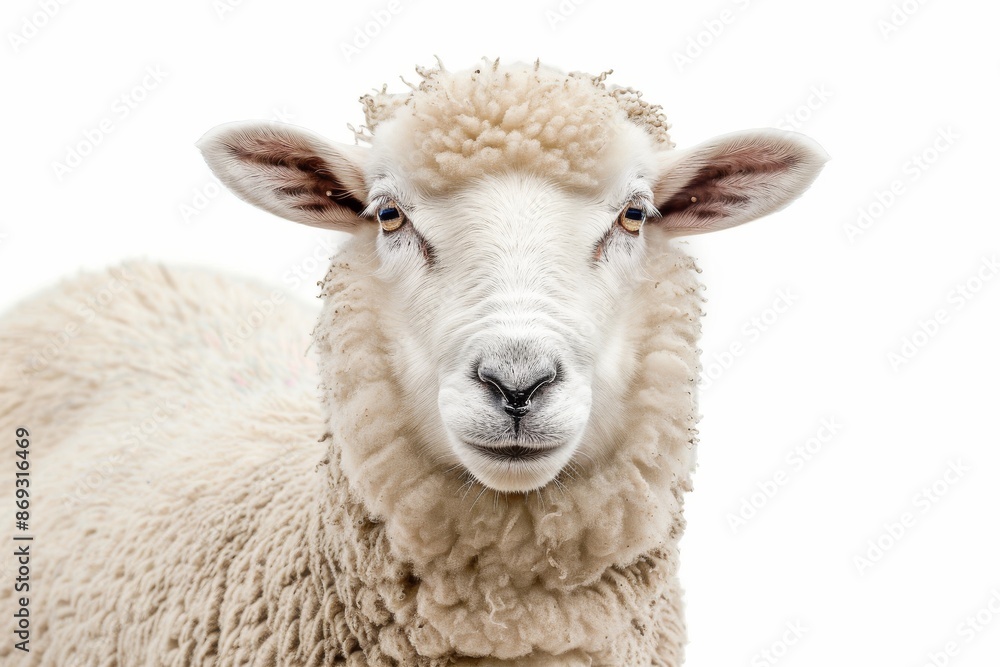 An isolated white fluffy sheep farm portrait facing the camera isolated on a clear PNG background, with generative AI. An isolated white fluffy sheep farm portrait facing the camera isolated on a clear PNG background, with generative AI.