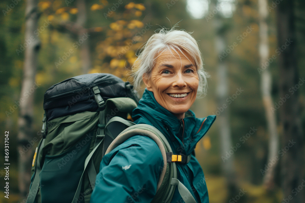 Photo of mature happy woman on trekking Photo of mature happy woman on trekking