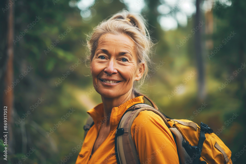 Photo of mature happy woman on trekking Photo of mature happy woman on trekking