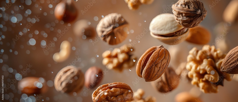 Assorted nuts floating against a warm brown background Assorted nuts floating against a warm brown background