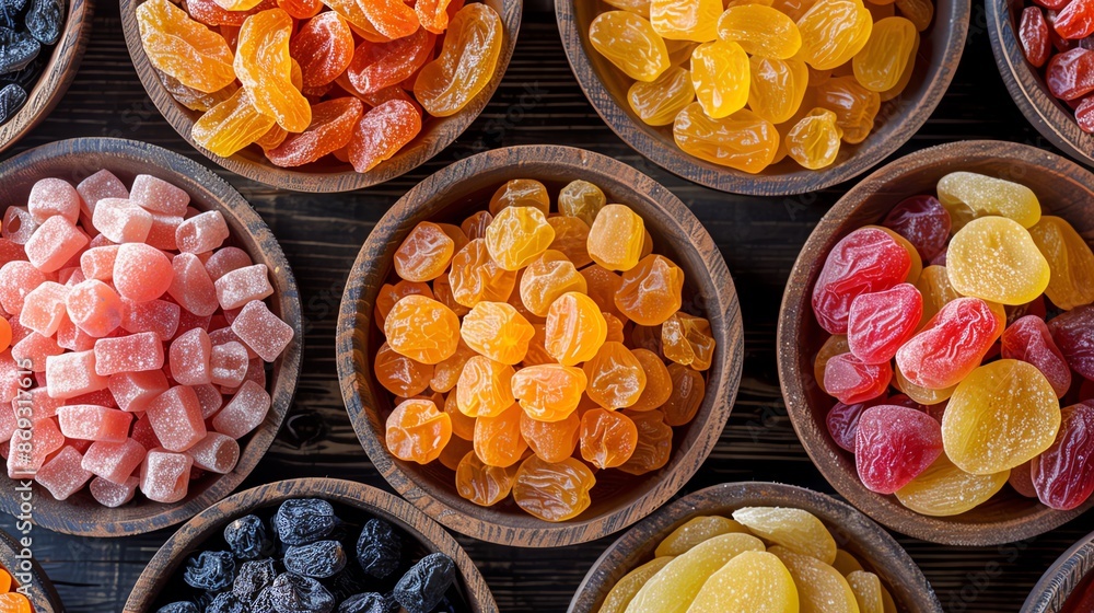 Assorted dried fruits and sugars in wooden bowls on rustic surface Assorted dried fruits and sugars in wooden bowls on rustic surface