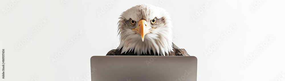 Obraz premium Bald eagle using a laptop, white background, focused expression
