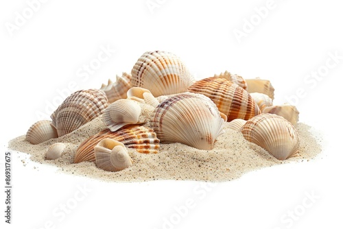 A natural arrangement of seashells on a sandy beach, perfect for decorating or inspiration