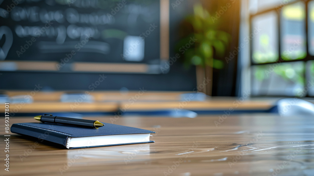 Fototapeta premium Notebook and pen lying on desk in modern school classroom