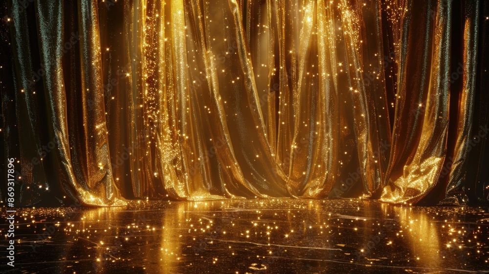 A luxurious room with gold curtains and floor lamps A luxurious room with gold curtains and floor lamps