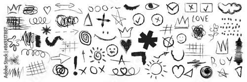 A collection of black doodle lines and abstract random icons on an isolated background