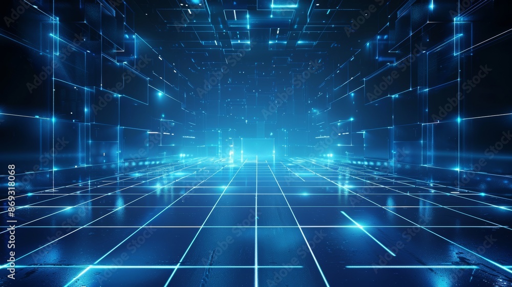 The futuristic architecture of Generation AI is illuminated by blue neons against a blue neon background. The futuristic architecture of Generation AI is illuminated by blue neons against a blue neon background.